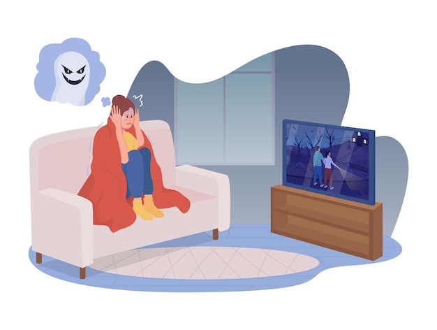 Straszny film 2D wektor ilustracja na białym tle Kobieta w domu płaski charakter na tle kreskówki Atak paniki podczas oglądania filmu kolorowe sceny do prezentacji na stronie mobilnej