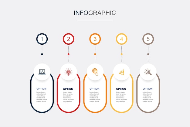 Plik wektorowy strategia cyfrowa innowacja internet seo sem ikony infografika układ osi czasu szablon projektu koncepcja kreatywnej prezentacji z 5 krokami