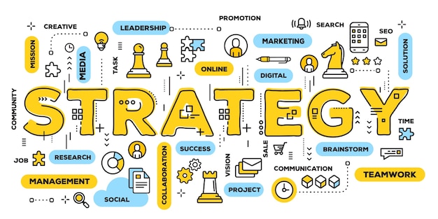 Strategia, Typografia żółty Napis Z Ikonami Linii I Chmurą Tagów