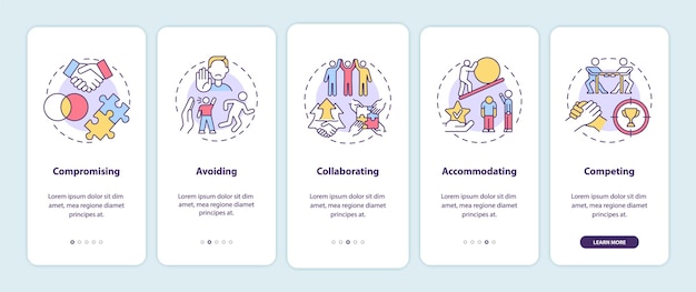 Strategie Rozwiązywania Konfliktów Przy Wprowadzaniu Na Ekran Strony Aplikacji Mobilnej. Opis Relacji W Pracy 5 Kroków Instrukcje Graficzne Z Koncepcjami. Szablon Wektorowy Ui, Ux, Gui Z Liniowymi Kolorowymi Ilustracjami