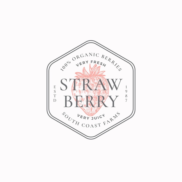 Strawberry Farm Odznaka Lub Szablon Logo Ręcznie Rysowane Jagody Szkic Z Retro Typografią I Obramowaniami Vintage Premium Godło