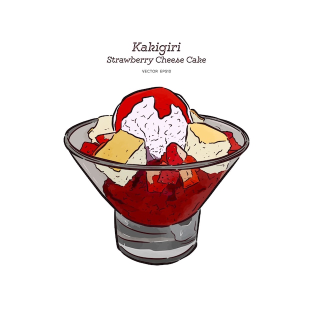 Strawberry Shave Ice Lub Kakigori With Chesse Cake And Ice-cream, Ręcznie Rysowany Szkic.