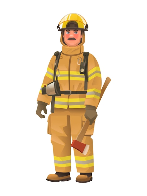 Plik wektorowy strażak mężczyzna w mundurze ochronnym i kasku, trzymający siekierę w ręku, strażak ze sprzętem