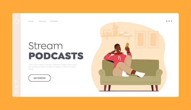 Stream Audio Podcast Online Audiobook Szablon Landing Page Postać Młodego Mężczyzny Usiądź W Wygodnym Fotelu W Domu