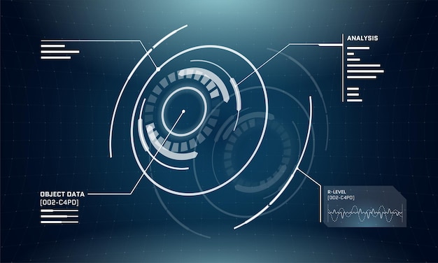 Streszczenie 3d futurystyczna technologia elementy koła HUD. Cyfrowy projekt ekranu interfejsu cyberpunk. Panel infografiki techno. Ilustracja wektorowa nauki i technologii GUI UI pulpitu nawigacyjnego eps