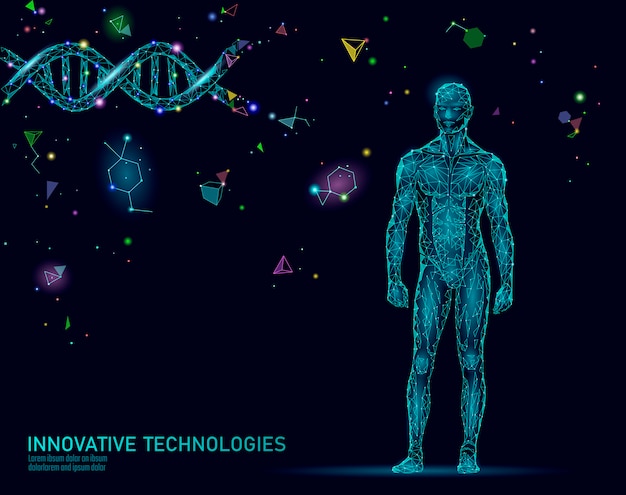 Streszczenie Anatomii Ludzkiego Ciała. Inżynieria Dna Innowacja Superman Technologia. Genomowe Badania Nad Zdrowiem Klonowanie Medycyny Low Poly Renderują Wielokątną Geometryczną Wirtualną Rzeczywistość