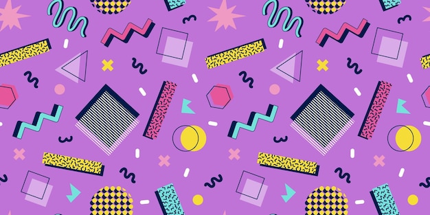 Streszczenie bezszwowe wzór 80s 90s z geometrycznymi kształtami w stylu Memphis Wektor retro hipster wydruku
