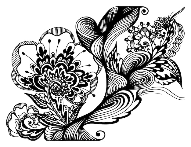 Streszczenie czarno biała linia sztuki fale złudzenia optyczne kwiatowy ręcznie rysowane doodle szkic graficzny