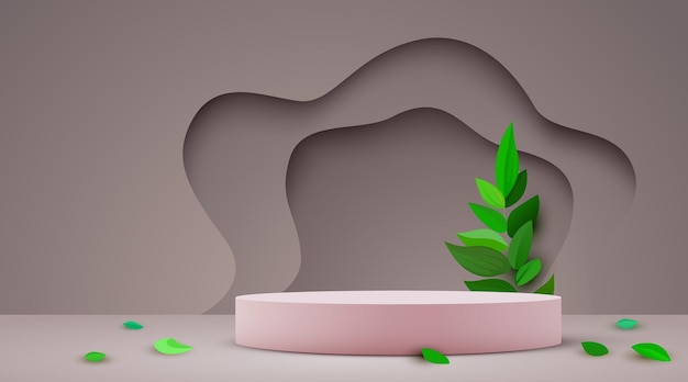 Streszczenie eko tło sceny Cylinder podium z liśćmi Prezentacja produktu makieta Pokaż naturalny produkt kosmetyczny Podium sceny cokół lub platforma Ilustracja wektorowa