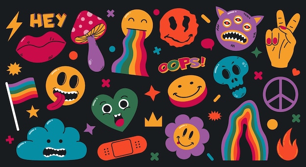 Streszczenie Groovy Komiks śmieszne Emoji Postaci Z Kreskówek. ładny Komiks Doodle Naklejki, Modne Elementy Retro Wektor Zestaw Ilustracji. Halucynacje Dziwne Kształty. Psychodeliczna Naklejka, Surrealistyczna Kreskówka