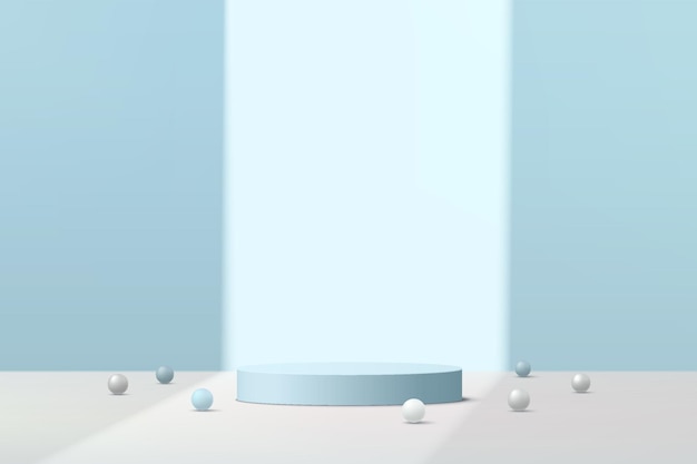 Streszczenie jasnoniebieskie podium w kształcie cylindra 3D z białą kulą kulkową na niebieskiej scenie ściennej w cieniu