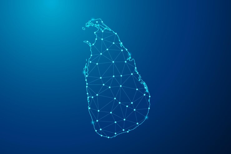 Streszczenie linii zacieru i punkt z mapą wektora linii wielokątnej sieci Sri Lanki.