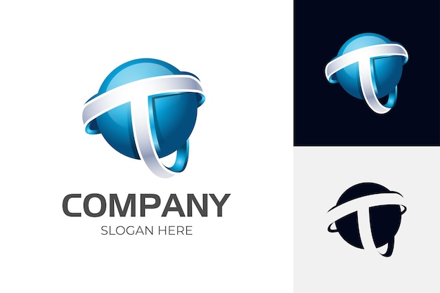 Streszczenie Metalowa Niebieska Litera T Logo Kuli Ziemskiej Projekt Gradientu Styl Wektor Symbol Z Elementami Projektu Kuli Ziemskiej Dla Logo Technologii Biznesowej