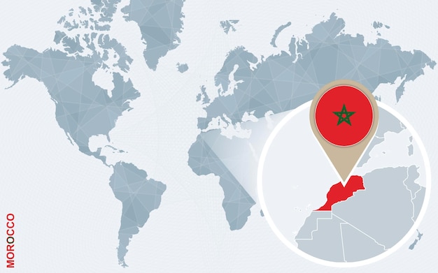 Streszczenie Niebieski Mapa świata Z Powiększoną Flagą Maroko Maroko I Mapą Ilustracji Wektorowych