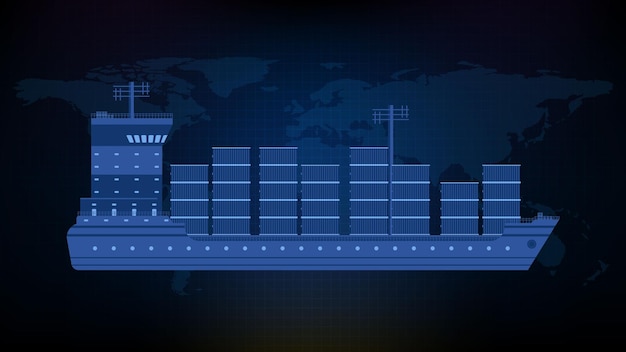 Streszczenie Niebieskim Tle Widoku Z Boku Statku Towarowego Kontenera Z Mapą świata