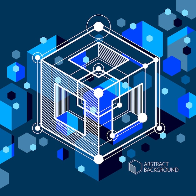 Streszczenie nowoczesne retro niebieski czarny 3d tło, geometryczne futurystyczne kształty ilustracji wektorowych. Abstrakcyjny schemat silnika lub mechanizmu inżynierskiego.