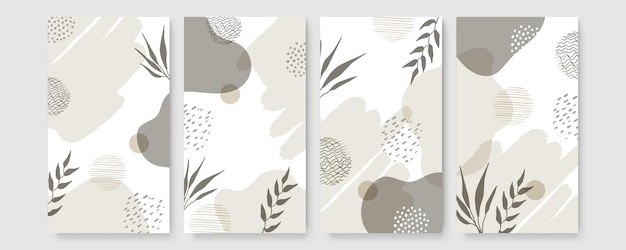 Streszczenie nowoczesnej kolekcji botanicznych plakatów boho. Organiczny artystyczny plakat ścienny z akwarelami abstrakcyjnymi kształtami. Neutralny pastelowy kolor, rysunek liści