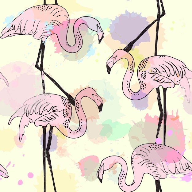 Streszczenie ręcznie malowane bezszwowe tło zwierzęce Ptaki różowy wzór Flamingo z akwarelą Vector