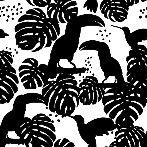 Streszczenie Ręcznie Malowane Bezszwowe Zwierzę Czarne Sylwetki Ptaków Tukanów Wzór Vector