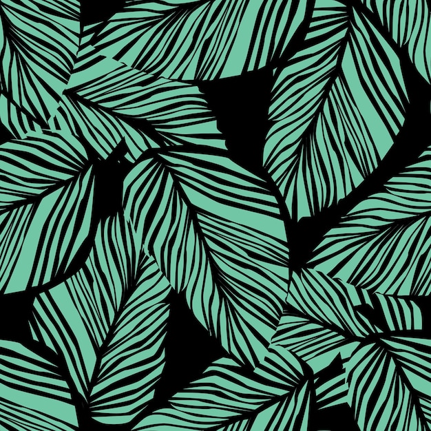 Streszczenie roślina egzotyczna wzór na czarnym tle. Tapeta z zielonym liściem. Tropikalny wzór, liście palmowe bezszwowe tło kwiatowy. Ilustracja wektorowa