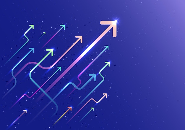 Streszczenie Strzałka Grupa Przesuwa Się W Górę Ruchu Z Ruchem Oświetlenia Na Niebieskim Tle. Koncepcja Rozwoju Biznesu. Ilustracja Wektorowa
