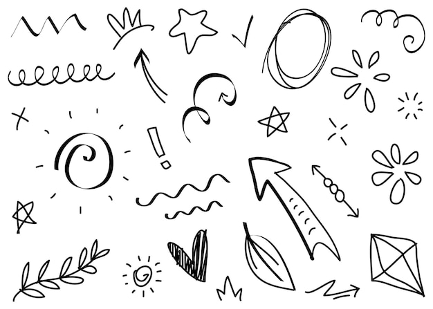 Streszczenie strzałki wstążki korony serca wybuchy i inne elementy w stylu wyciągnąć rękę dla koncepcji Doodle ilustracja Wektor szablon do dekoracji