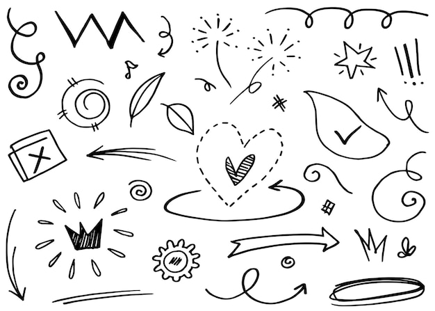 Streszczenie strzałki wstążki korony serca wybuchy i inne elementy w stylu wyciągnąć rękę dla koncepcji Doodle ilustracja Wektor szablon do dekoracji