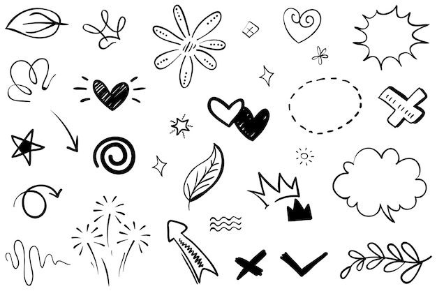 Streszczenie strzałki wstążki korony serca wybuchy i inne elementy w stylu wyciągnąć rękę dla koncepcji Doodle ilustracja Wektor szablon do dekoracji