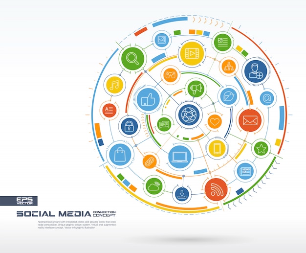 Streszczenie Tło Social Media. Cyfrowy System łączenia Ze Zintegrowanymi Okręgami I świecącymi Cienkimi Liniami Ikon. Grupa Systemów Sieciowych, Koncepcja Interfejsu. Ilustracja Plansza Przyszłości