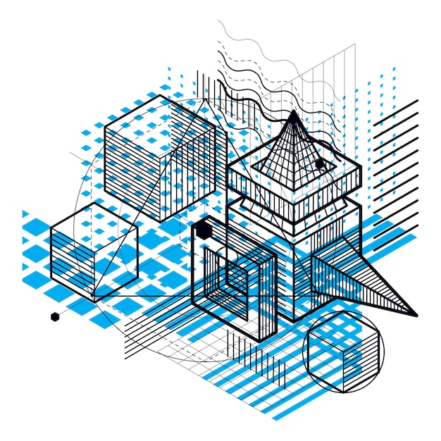 Plik wektorowy streszczenie tło z liniami izometrycznymi, ilustracji wektorowych. szablon wykonany z kostek, sześciokątów, kwadratów, prostokątów i różnych elementów abstrakcyjnych.