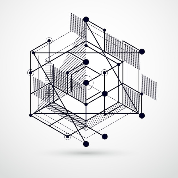 Streszczenie twórczej sztuki geometrycznej z różnych elementów geometrycznych niebieskim tle, ilustracji wektorowych. Perspektywiczny plan mechanizmu, schemat. Idealne tło dla twoich projektów