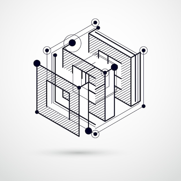 Streszczenie Wektor Geometryczne Elementy 3d W Futurystycznym Stylu Czarno-biały Skład Szablonu. Plan Techniczny Może Być Wykorzystany W Projektowaniu Stron Internetowych Oraz Jako Tapeta Lub Tło.