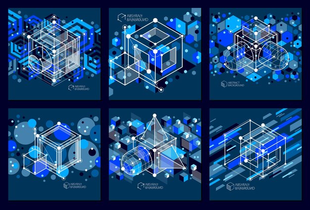 Streszczenie wektor geometryczne izometryczne ciemnoniebieskie tła zestaw. Schemat mechaniczny, rysunek inżynierii wektorowej z sześcianem i częściami mechanizmu geometrycznego.