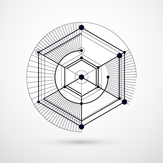 Streszczenie wektor geometryczne izometryczne czarno-białe tło. Schemat mechaniczny, wektorowy rysunek techniczny z sześcianem i geometrycznymi częściami mechanizmu.