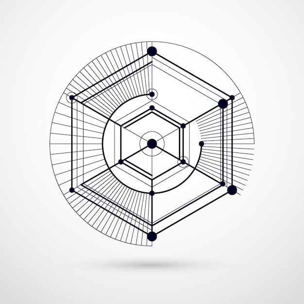 Streszczenie Wektor Geometryczne Izometryczne Czarno-białe Tło. Schemat Mechaniczny, Wektorowy Rysunek Techniczny Z Sześcianem I Geometrycznymi Częściami Mechanizmu.