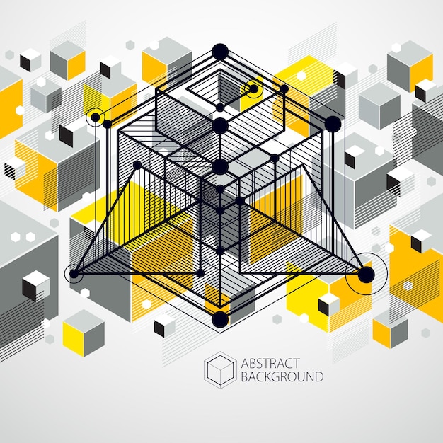 Plik wektorowy streszczenie wektor geometryczne izometryczne żółte tło. schemat mechaniczny, wektorowy rysunek techniczny z sześcianem i geometrycznymi częściami mechanizmu.