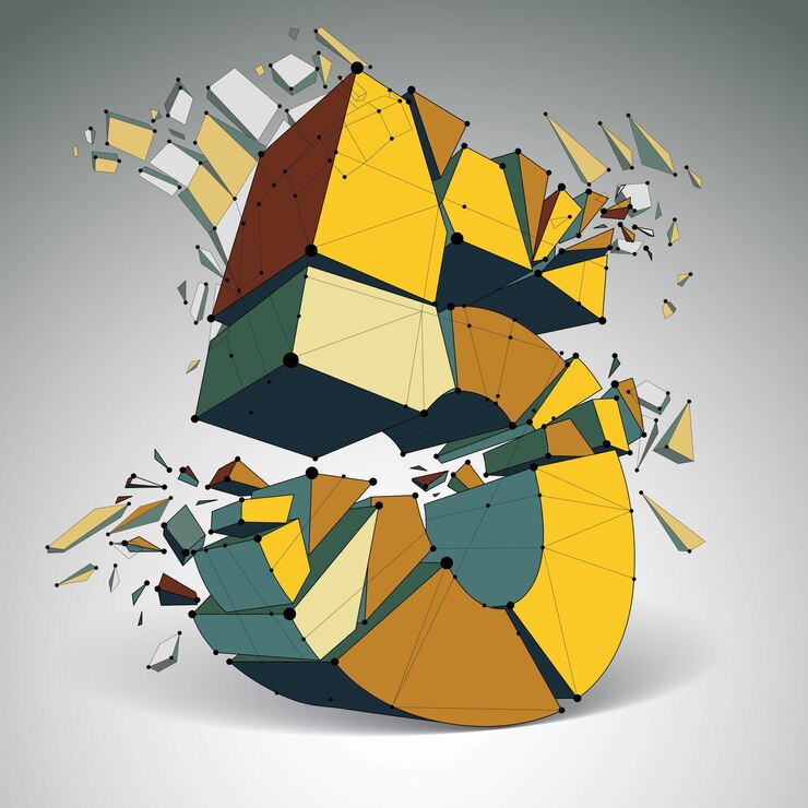 Wektor streszczenie wektor low poly rozbity numer 5 z połączonymi czarnymi liniami i kropkami. 3d origami futurystyczna kolorowa czcionka z siatką linii.