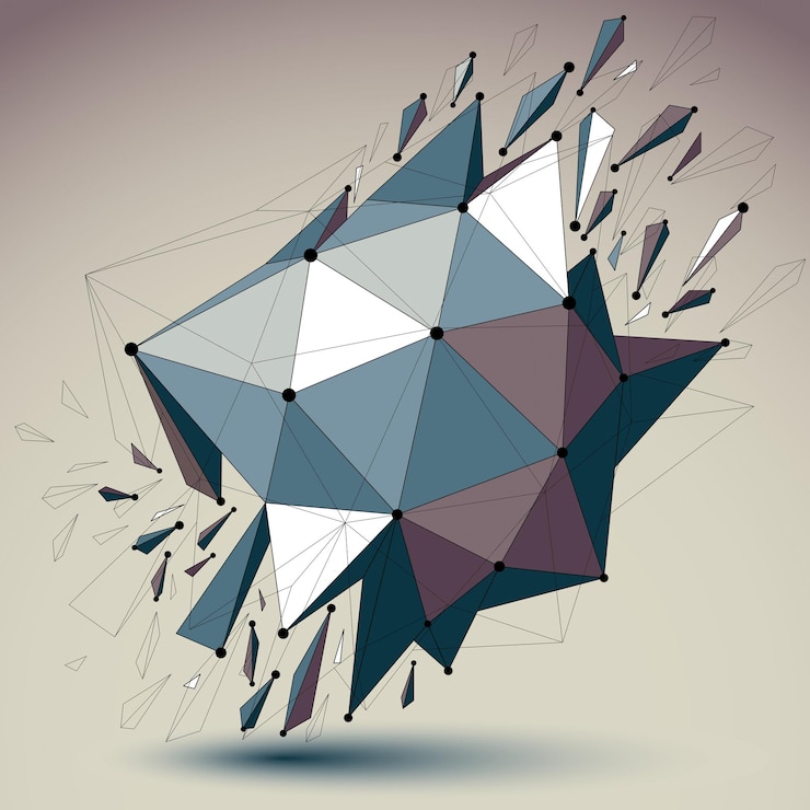 Wektor streszczenie wektor low poly zniszczony obiekt z czarnymi liniami i kropkami połączonymi. futurystyczna forma 3d origami z siatką linii. element sieci technologii cyfrowej.