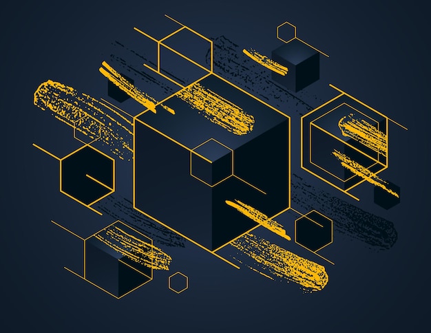 Streszczenie Wektor Wzór Z Klastrem Czarnych Kostek 3d Ze Złotymi Elementami Tło Wektor, Królewska Elita Luksusowa Ilustracja Geometryczna, Może Być Używany Do Nowoczesnej Reklamy Biżuterii.