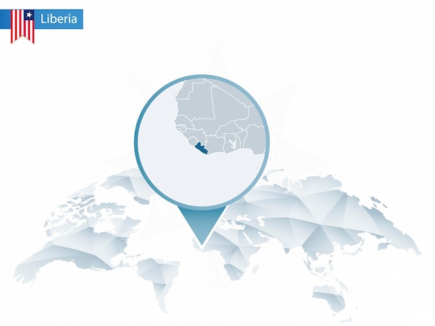 Streszczenie Zaokrąglona Mapa świata Z Przypiętą Szczegółową Mapą Liberii. Ilustracja Wektorowa.