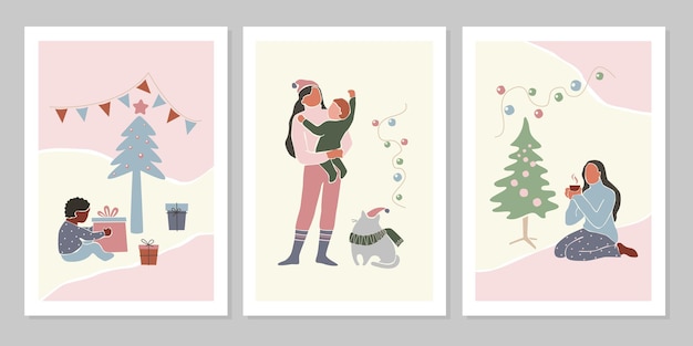 Plik wektorowy streszczenie zimowy zestaw świątecznych kartek z życzeniami świątecznymi i noworocznymi z dziećmi rodzinnymi