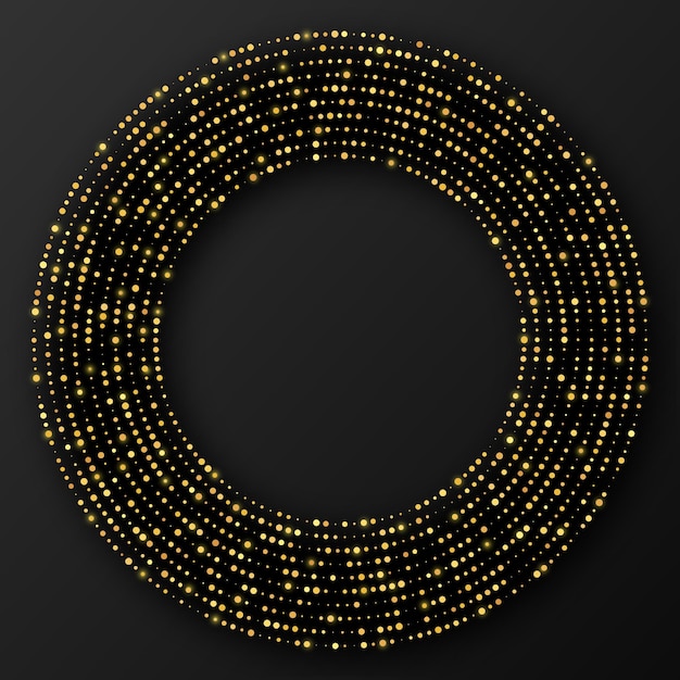 Streszczenie złoto świecące półtonów kropkowane tło. Złoty brokat wzór w formie koła. Kropki półtonów okręgu. Ilustracja wektorowa