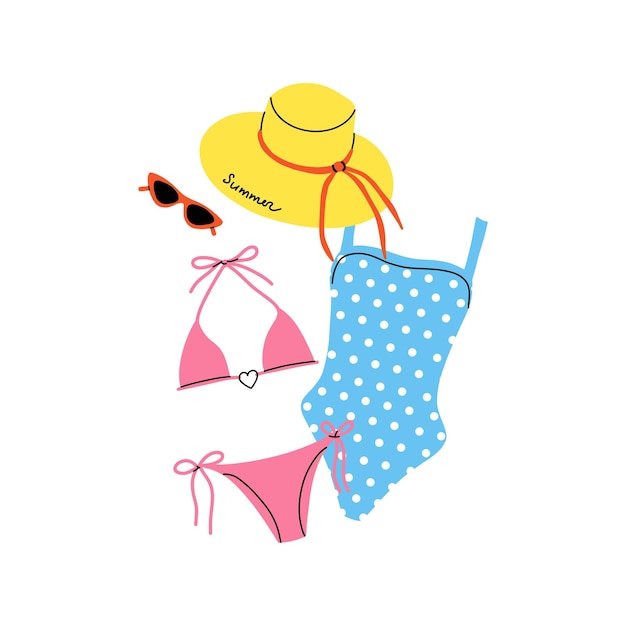 Strój kąpielowy Kapelusz bikini i okulary przeciwsłoneczne Modne modele plażowe uroczy stanik i kolorowe majtki dla plaży letnie wakacje i podróże sklep sprzedaży wektorowy kreskówka płaski styl izolowana ilustracja