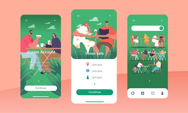 Strona Aplikacji Mobilnej Street Cafe Szablon Ekranu Na Pokładzie Postacie Cieszą Się Napojami I Jedzeniem W Jadalni Na świeżym Powietrzu
