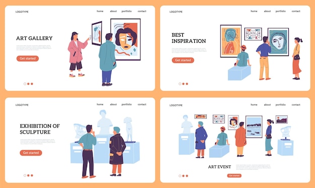 Strona Docelowa Galerii Sztuki Muzeum I Wystawa Rzeźb Makiety Interfejsu Strony Internetowej Sprzedaż Wycieczek I Biletów Online Serwis Internetowy Dla Turystów I Odwiedzających Zestaw Szablonów Wektorowych