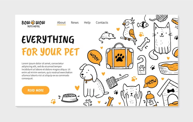 Plik wektorowy strona docelowa hotelu dla zwierząt domowych w stylu doodle