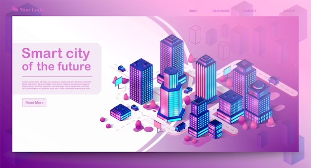 Strona docelowa koncepcji izometrycznej architektury inteligentnego miasta. Neonowe nowoczesne budynki. Futurystyczne miasto. Infografiki 3d. Inteligentne budynki ze znakami.