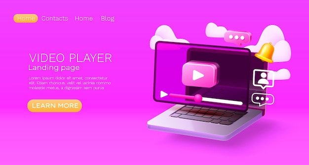 Strona docelowa laptop odtwarzacz wideo strona baner wiadomość Wektor