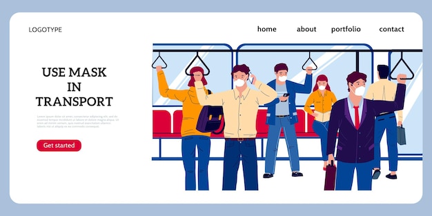 Strona docelowa transportu publicznego Tłum w metrze lub autobusie noszący maski ochronne Interfejs strony internetowej Zapobieganie chorobom zakaźnym Zapobieganie chorobom zakaźnym Ludzie podróżujący pociągiem