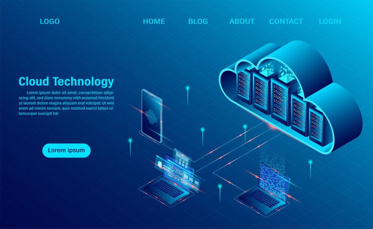 Strona docelowa z koncepcją Cloud Computing. Technologia obliczeniowa online. Koncepcja przetwarzania dużych przepływów danych, serwery 3d i centrum danych. izometryczny płaski kształt